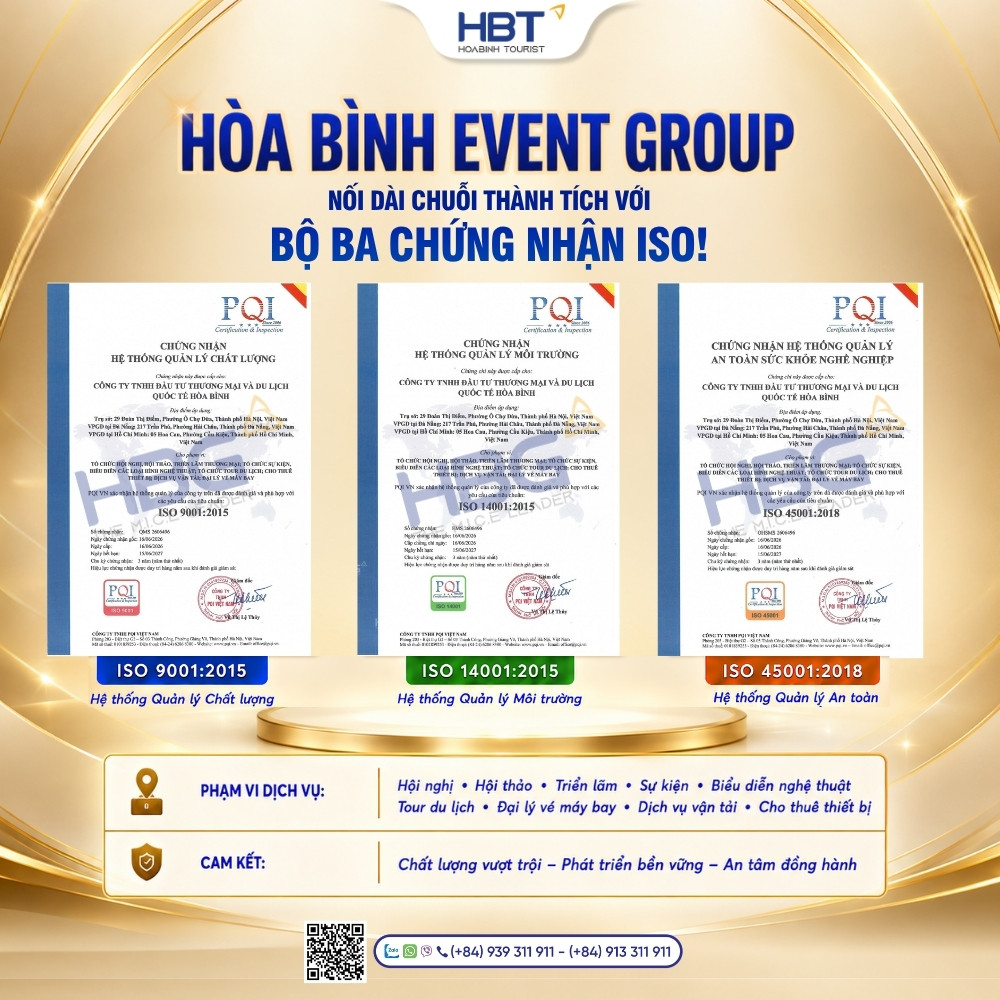 HOABINH TOURIST ĐỒNG HÀNH CÙNG HỆ SINH THÁI HBG ĐÓN NHẬN BỘ BA CHỨNG NHẬN ISO! 